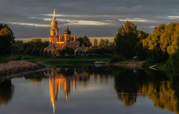 Картинка пейзаж, закат, река, Полисть, Старая Русса, Воскресенский Собор