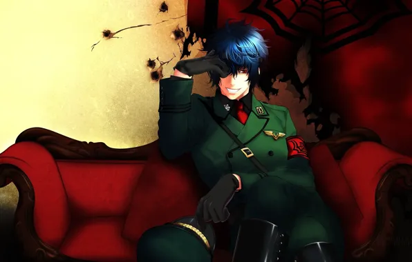 Улыбка, диван, перчатки, эмблема, фуражка, art, военная форма, yone kazuki