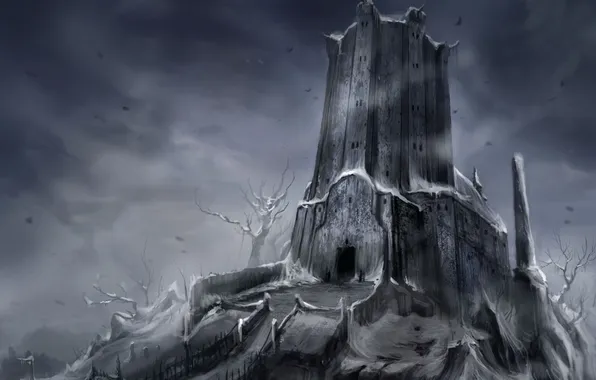 Картинка зима, снег, деревья, замок, башня, арт, дорожка, крепость