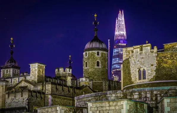 Картинка ночь, Англия, Лондон, башня, дома, Shard