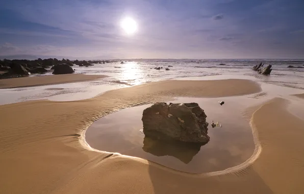 Картинка песок, море, солнце, камни, берег, Закат