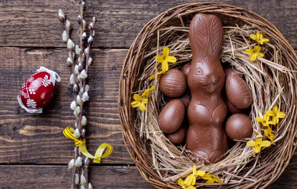 Картинка шоколад, яйца, colorful, кролик, конфеты, Пасха, wood, верба