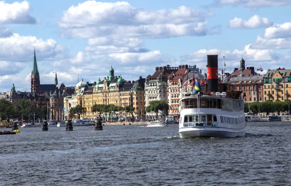 Море, корабль, дома, пароход, Стокгольм, Швеция