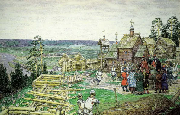 Дома, Люди, Картина, Москва, Русский художник, Апполинарий Васнецов, Основание Москвы, Apollinarius Vasnetsov