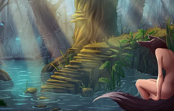 Лес, тростник, грибы, болото, духи, girl, forest, нагота
