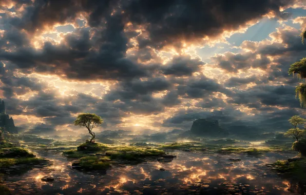 Sky, landscape, art, lake, tree, digital art, fantasy art, mount