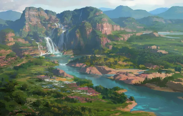 Картинка холмы, водопад, арт, нарисованный пейзаж