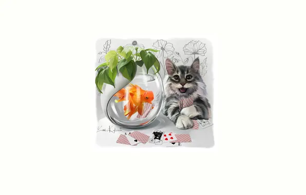 Карты, кот, взгляд, аквариум, рыбка