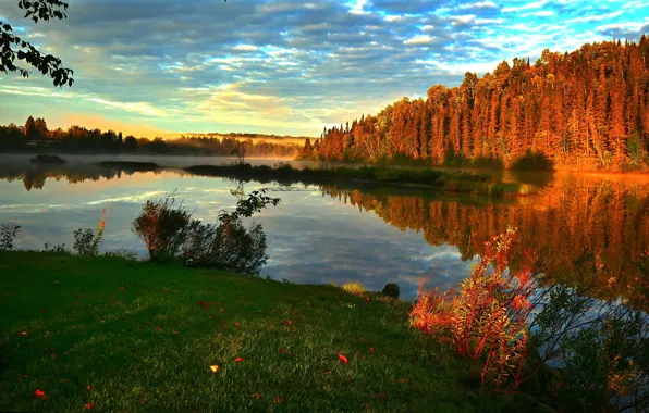 Картинка осень, пейзаж, закат, природа, туман, река, леса, берега