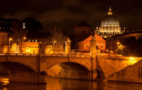 Картинка свет, ночь, город, река, освещение, Рим, фонари, Италия