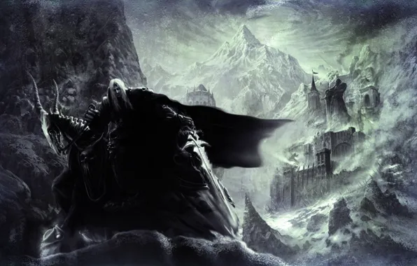 Картинка снег, горы, замок, меч, статуя, плащ, коза, warcraft 3
