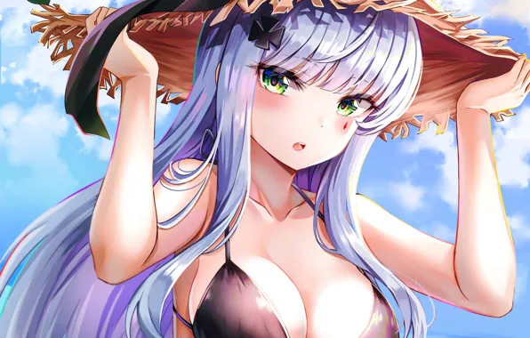 Girl, sexy, cleavage, green eyes, long hair, sea, boobs, anime