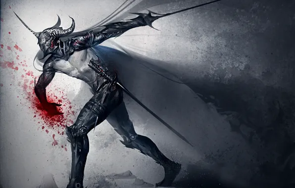 Картинка оружие, кровь, меч, арт, шлем, dark knight, sakimichan