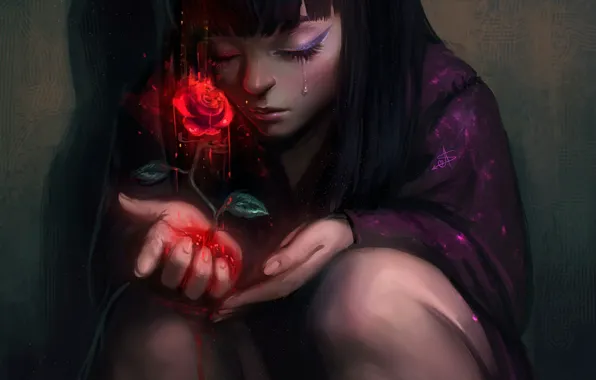 Картинка роза, девочка, красная, слёзы, art, AyyaSap