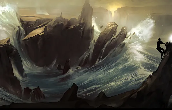Картинка море, волны, шторм, скалы, огонь, стихия, человек