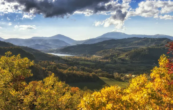 Осень, деревья, горы, озеро, Италия, панорама, Italy, Апеннины