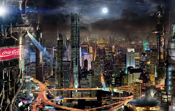 Облака, ночь, город, будущее, фантастика, здания, Луна, реклама