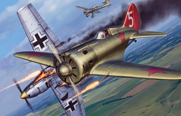Рисунок, арт, Messerschmitt, Ме-109, И-16, Junkers, Ju-87, ишачок