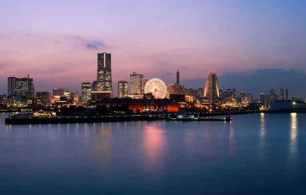 Japan, panorama, Evening, buildings, Yokohama, Kanagawa Prefecture, Yokohama-shi, ferris wheel