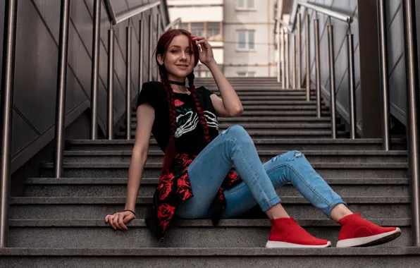 Model, women, jeans, redhead, sitting, necklace, braids, stairs