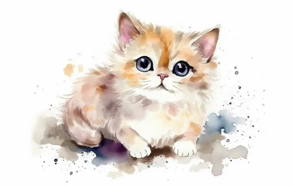 Кошка, кот, взгляд, поза, котенок, акварель, белый фон, живопись
