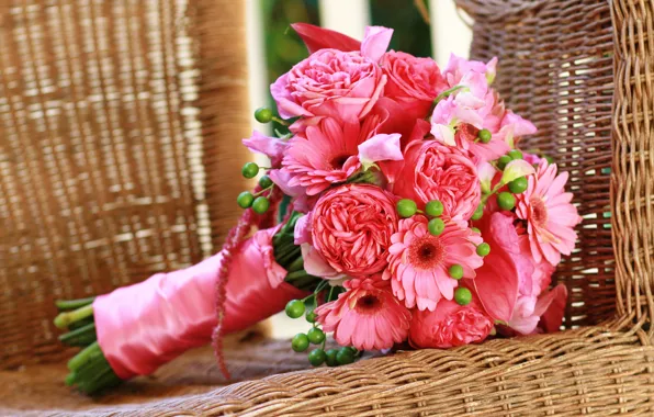 Розы, розовые, Roses, Герберы, Bouquets, Gerberas