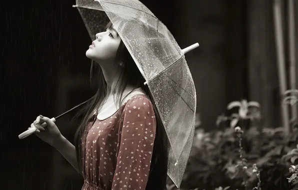 Картинка девушка, лицо, зонтик, дождь, профиль