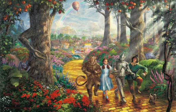 Дорога, лес, деревья, воздушный шар, фильм, мультфильм, радуга, плоды
