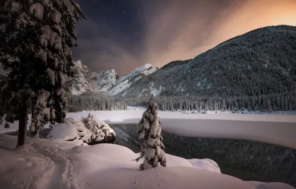 Зима, снег, деревья, горы, ночь, озеро, Италия, Italy