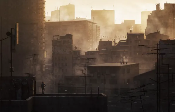 Дома, Город, Человек, Здания, City, Крыша, Sunrise, Дымка