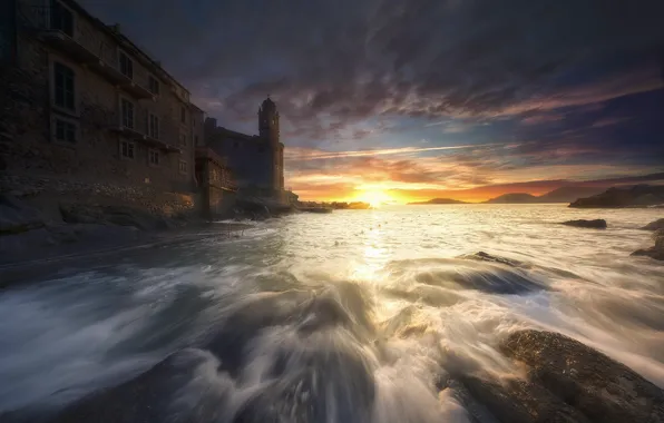 Море, закат, Italy, Liguria, Tellaro