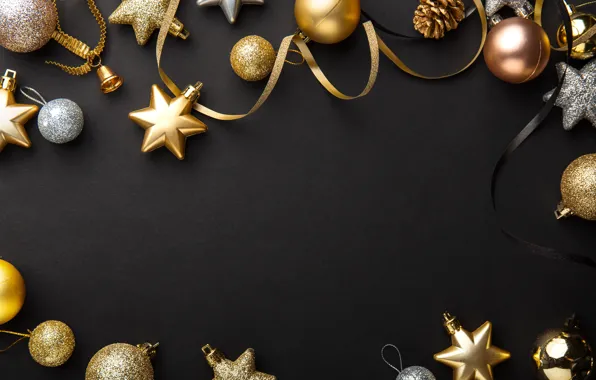 Украшения, золото, шары, Новый Год, Рождество, golden, черный фон, black