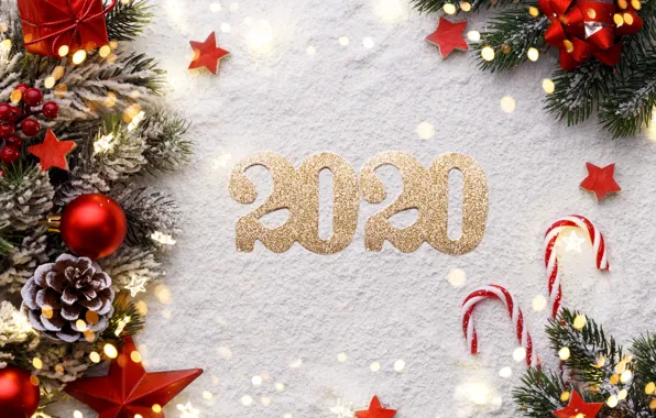 Снег, фон, игрушки, новый год, шишки, композиция, 2020, ветки ели