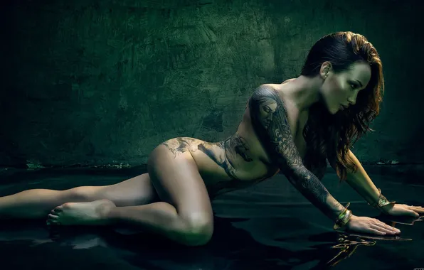 Girl, tattoo, brown-haired, bracelet, turquoise background