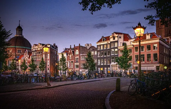 Картинка город, здания, дома, Амстердам, фонари, Нидерланды, велосипеды, Голландия
