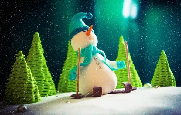 Картинка снег, праздник, елки, Новый год, снеговик, 2014