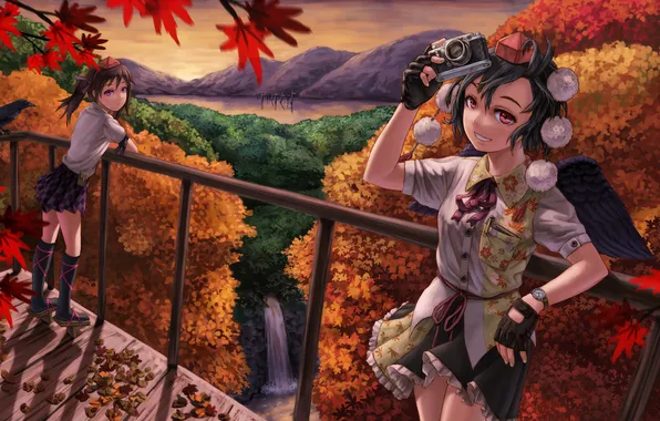 Картинка осень, листья, цвета, деревья, горы, яркие, девочки, водопад