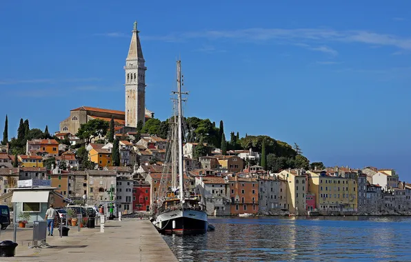 Картинка море, здания, яхта, причал, набережная, Хорватия, Istria, Croatia