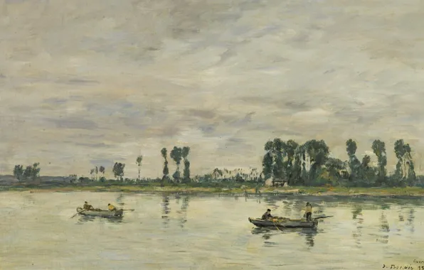 Пейзаж, река, лодка, картина, Эжен Буден, Eugene Boudin, Кодбек-ан-Ко. Берега Сены