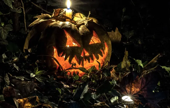 Картинка осень, листья, ночь, свеча, Хеллоуин, тыква.
