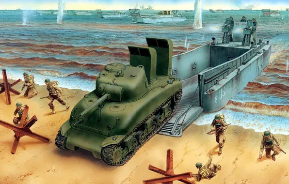 Море, рисунок, арт, солдаты, высадка, M4A1, Sherman, Оверлорд
