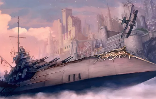 City, fantasy, warship, plane, digital art, artwork, fantasy art, Steampunk