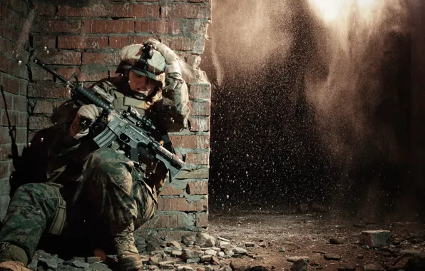 Картинка explosion, wall, United States, soldier, protective equipment, Special Operations, Marine Corps Forces
