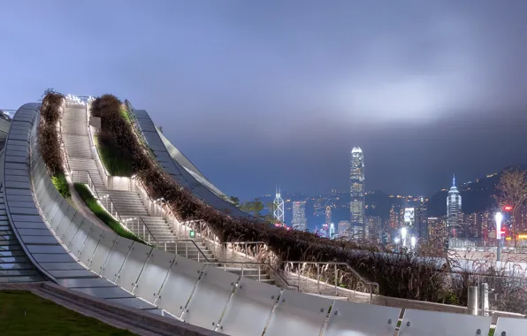 Горы, огни, сооружение, ступени, West Kowloon HSR Station - Hong Kong