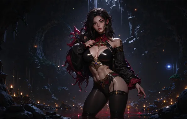 Картинка cleavage, women, brunette, fantasy art, bikini, cave, abs, thigh-highs