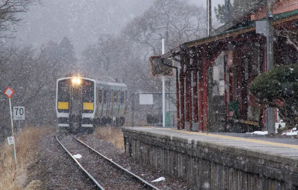Картинка снег, поезд, Япония, Кита Адзуму, Префектура Факусима