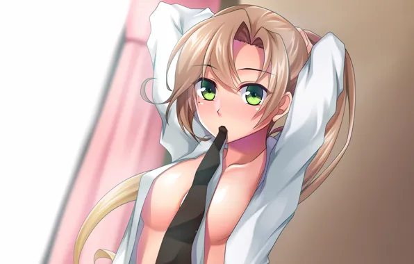 Girl, sexy, cleavage, green eyes, long hair, boobs, anime, beautiful