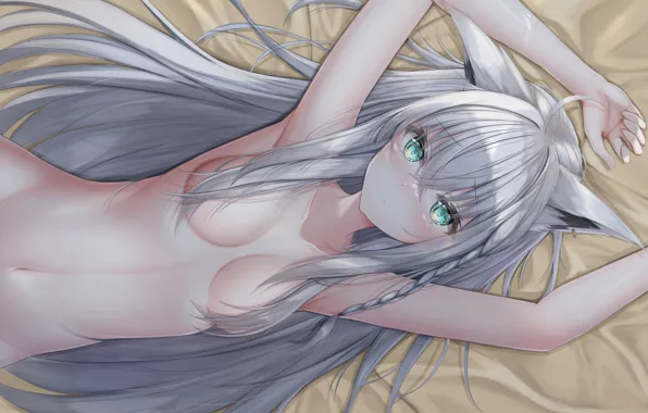 Girl, sexy, green eyes, long hair, boobs, animal ears, anime, beautiful