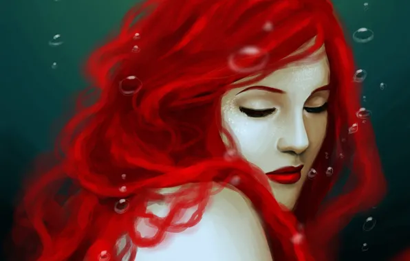 Картинка вода, пузырьки, русалка, арт, плечи, красные волосы, закрытые глаза
