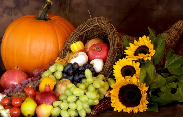 Осень, урожай, тыква, autumn, leaves, nuts, still life, fruits